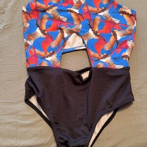 Colorful Bird Print One-Piece Swimsuit with Black Bottom